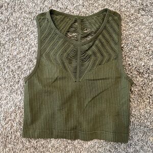 Yahada Army Green Ribbed Bralette Crop Top S/M Racerback Cutout Style B011